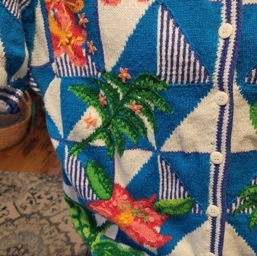 Portraits XL Hand Embroidered VTG Sweater SS Coastal Grandma Beach - Picture 2 of 8